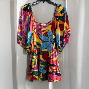 Terra Sky Women Top Size 2X Vibrant Floral Tropical Puff Sleeve Beach Tier 18266